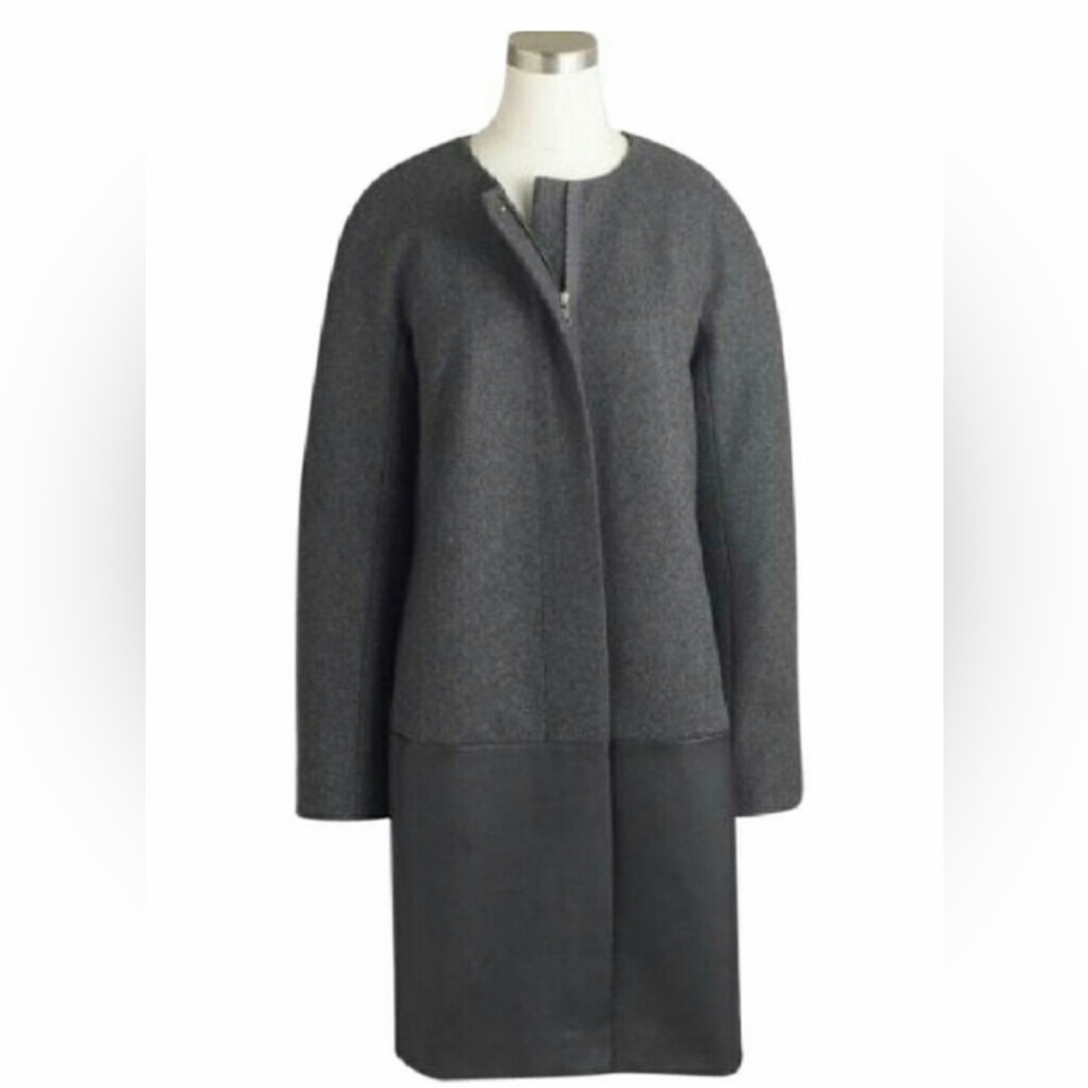 J. Crew gray‎ zip up wool blend coat with faux leather trim women’s 8